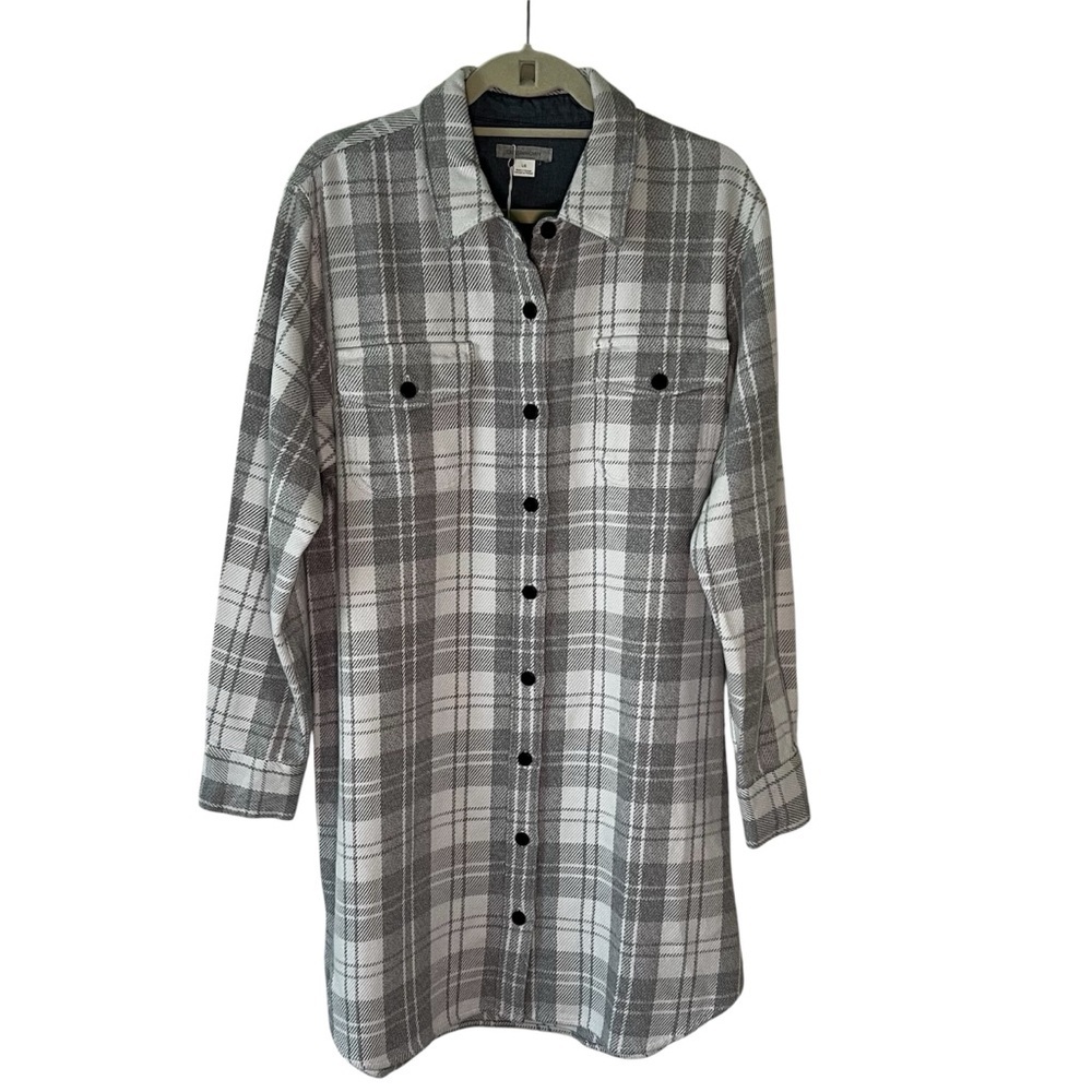 NWT Outerknown Blanket Shirt Dress Organic Cotton Plaid Grey White L - Picture 7 of 16